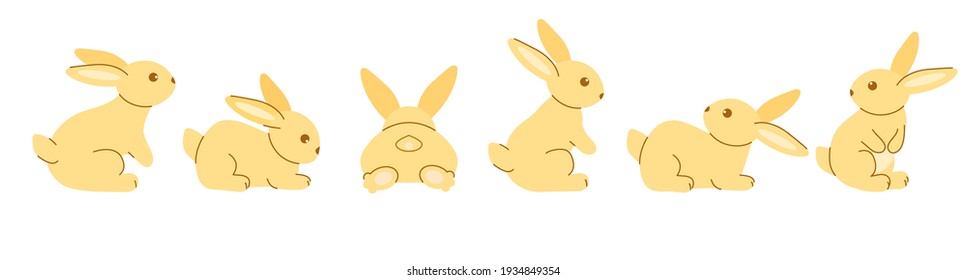 A set of cute yellow rabbits. Six colored sitting and recumbent bunnies on a white background. Festive Easter bunnies. Vector illustration