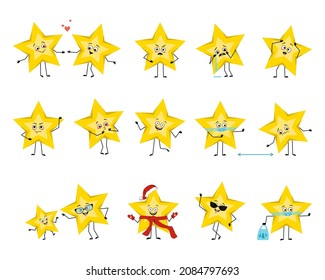 Set of cute yellow star character with different emotions, smile or sad face, happy eyes, arms and legs. Space and weather symbol with expression