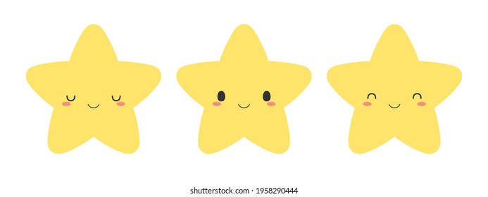 Set of cute yellow star icons. Flat vector illustration.