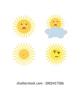 Set of cute yellow suns on a white background. Element  design, Wallpaper, baby design, postcards.