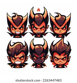 Set of cute yet fierce cartoon devil and demon characters with various expressions. Chibi style vector illustration perfect for mascot design, gaming, or Halloween themes. Collection of angry, smiling