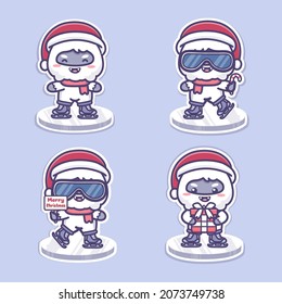 Set of cute yeti christmas charactes ice skating on ice block. Kawaii cartoon vector