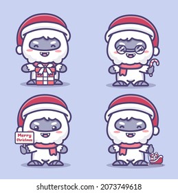 Set of cute yeticelebrating christmas. Candy, holding gift and merry christmas text. kawaii cartoon vector