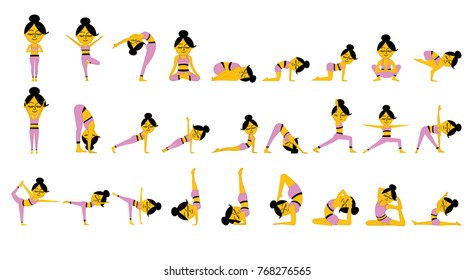 Set with cute yoga woman in various poses. Vector set of yoga illustration, yoga emoji. Healthy lifestyle.