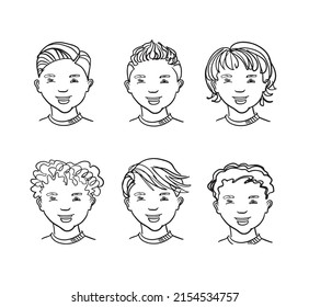 Set of cute young boys with various hair style. hair salon and trendy hairstyle. Vector icon set isolated