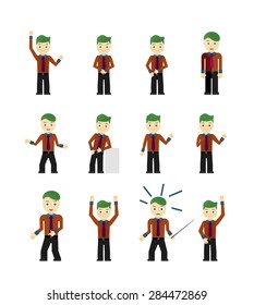 Set of cute young businessmen character poses isolated on white. Vector illustration