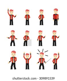 Set of cute young businessmen character poses isolated on white. Vector illustration