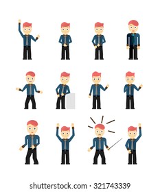 Set of cute young businessmen character poses isolated on white. Vector illustration