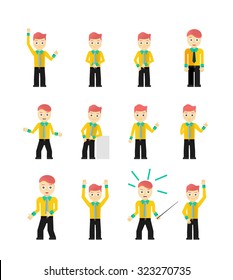 Set of cute young businessmen character poses isolated on white. Vector illustration