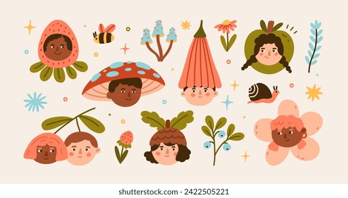 Set of cute young characters with fungi, flowers and fruits. Funny portraits, avatars. Spring plants elements and plants. Perfect for social media posts, pins and cards. All elements are isolated.