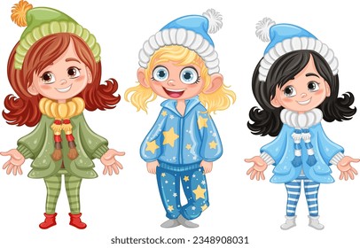 Set of cute young girl character in winter clothing illustration