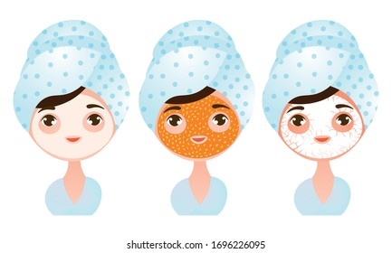 Set of a cute young girl with different types of facial masks. Vector illustration in a flat cartoon style.