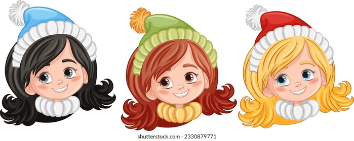 Set of cute young girl face in winter hat illustration