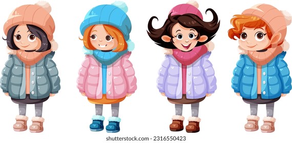 Set of cute young girl in winter cloth illustration