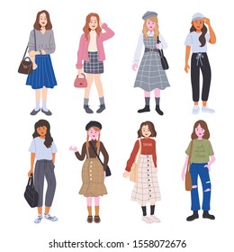 Set of Cute Young Woman Dressed in Trendy Clothes