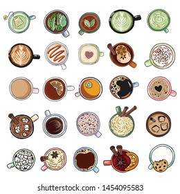 Set of cute yummy beverages. Cups of tea and coffee doodles. Hand drawn cartoon collection of doodles