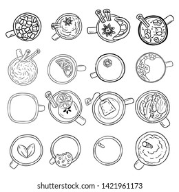Set of cute yummy beverages doodle sketches. Cups of tea and coffee doodles. Hand drawn cartoon style collection of mugs