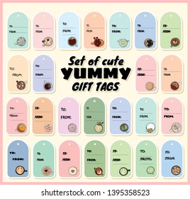 Set of cute yummy gift tags with cups of tea and coffee doodles. Hand drawn cartoon style collection of labels