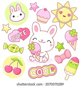 Set of cute yummy stickers in kawaii style. Lovely white bunny with ice cream, popsicle, cake, cherry, bow. Funny summer cartoon collection. Vector illustration EPS8