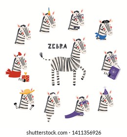 Set of cute zebra illustrations, pirate, superhero, unicorn, Christmas, ghost, reading. Isolated objects on white background. Hand drawn vector. Scandinavian style flat design. Concept children print.