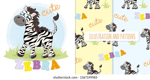 Set of cute zebra and patterns. Illustration and two patterns
