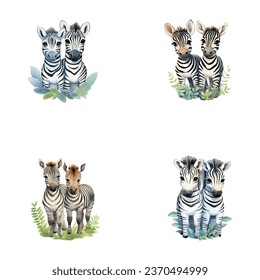 set of cute zebras watercolor illustrations for printing on baby clothes, sticker, postcards, baby showers, games and books, safari jungle animals vector