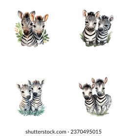 set of cute zebras watercolor illustrations for printing on baby clothes, sticker, postcards, baby showers, games and books, safari jungle animals vector