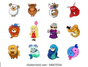 Set of cute zodiac signs - aries, taurus, gemini, cancer, leo, virgo, libra, scorpio, sagitarius, capricorn, aquarius, pisces