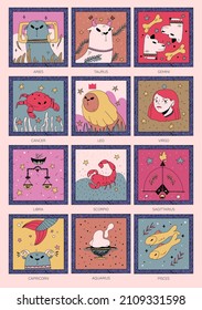 Set of cute zodiac signs in cartoon style. Trendy vector illustration.