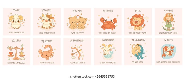 Set of cute zodiac signs with text and characters