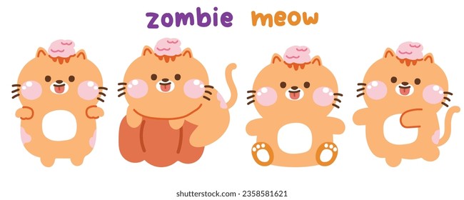 Set of cute zombie cat in various poses.Halloween festival concept.Pet animal character cartoon design.Ghost.Horror.Baby graphic.Meow lover.Kawaii.Vector.Illustration.