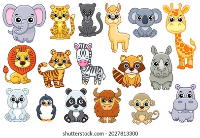 Set Cute Zoo Animals Cartoon Style Stock Vector (Royalty Free ...