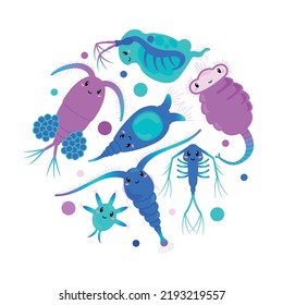 Set of cute zooplanktons, cartoon flat vector illustration isolated on white background. Childish underwater microorganisms, funny plankton animals swimming in freshwater.