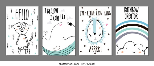 Set of cutecards with little baby animals art in scandinavian style. Cute cartoon animals sketch illustration.