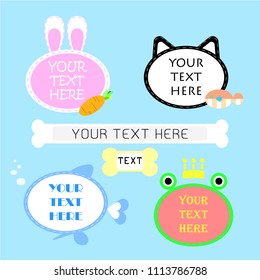set of cute,kawaii,sweet,colorful,pastel 
 animal pet speech bubble balloon think,speak,talk,flat,design,vector,illustration text box banner with bunny rabbit and carrot, cat and fish, and frog