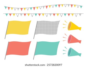 A set of cutely colored event goods. Perfect for sale flyers. It's good to put text on the flags.