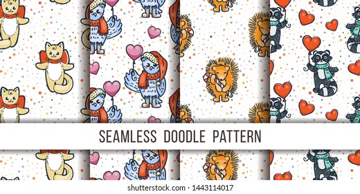 Set of cutest animal seamless patterns. Cartoon hand drawn vector illustration. Nice for t-shirt print, kids wear fashion design, clip-art, baby shower invitation cards