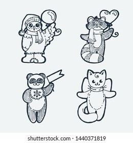 Set of cutest animals. Cartoon hand drawn vector illustration. Nice for t-shirt print, kids wear fashion design, clip-art, baby shower invitation cards