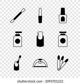 Set Cuticle pusher, Nail file, Bottle of nail polish, manicure, Manicure lamp, False nails, Tube hand cream and  icon. Vector