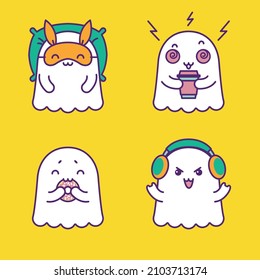 Set of cutie friendly ghosts isolated on yellow background
