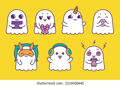 Set of cutie friendly ghosts isolated on yellow background