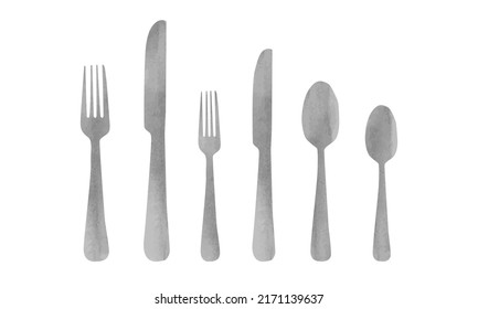 Set of cutlery clipart. Fork, knife, spoon, cutlery watercolor style. Simple fork, spoon and knife vector design illustration isolated on white background. Minimalist cutlery cartoon hand drawn