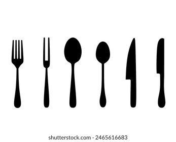 Set of Cutlery collection. Fork, tablespoon, teaspoon, and different knifes. Tableware. Hand drawn vector illustration. Silhouette Kitchen utensils.