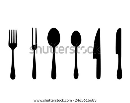 Set of Cutlery collection. Fork, tablespoon, teaspoon, and different knifes. Tableware. Hand drawn vector illustration. Silhouette Kitchen utensils.