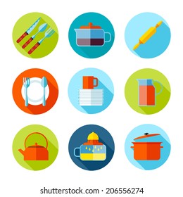 Set Of Cutlery And Dishes Icons. Vector Kitchen Stuff In Flat Modern Style.