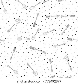 Set of cutlery, with dots, isolated on white: spoon, fork. Seamless pattern for print, wrapping or wallpaper.