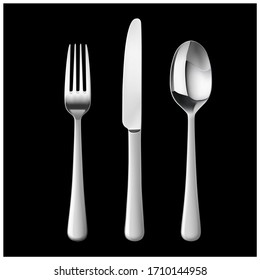 Set cutlery of fork, spoon. Hight realistic vector illustration on black background. Ready for your design. EPS10.	