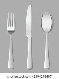 Set cutlery of fork, spoon. Hight realistic vector illustration on grey background. Ready for your design.