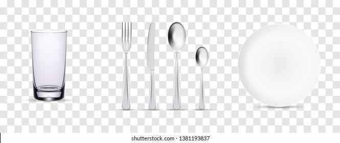 Set of cutlery of fork, spoon, knife and plate. Vector illustrations on transparent background. Ready for your design.