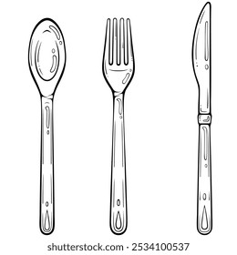 Set cutlery of fork, spoon and knife. Dinner service collection. Kitchen utensils for food. Vector illustration in hand drawn sketch doodle style. Line art isolated on white for coloring book, print